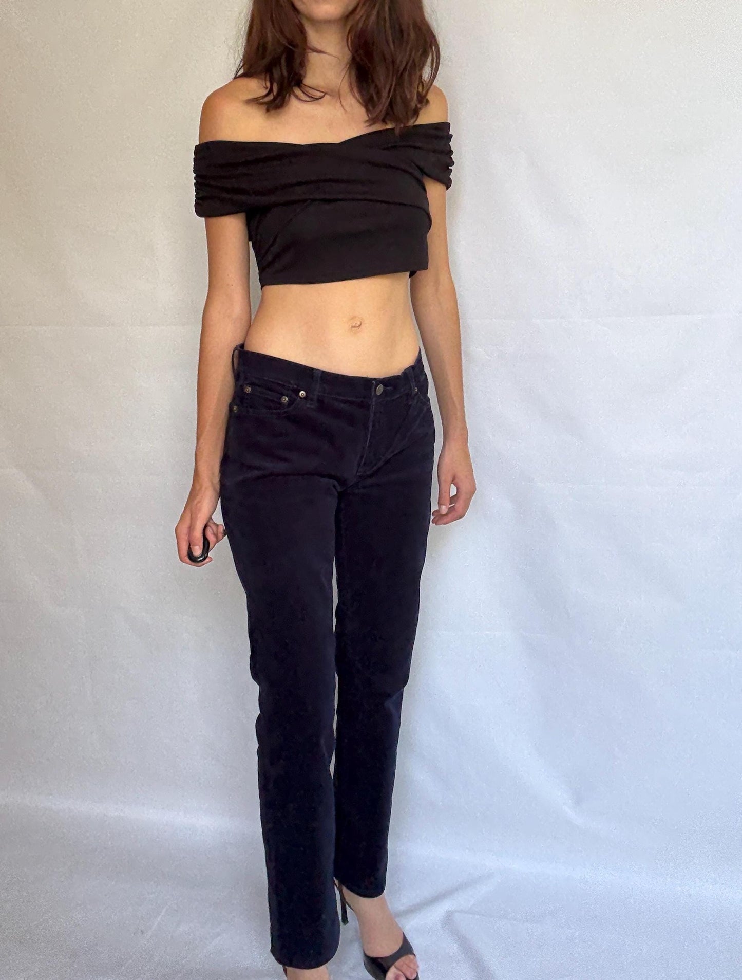 LRL Lauren Jeans Co. blue velvet cotton corduroy pants, straight leg fit, elegant preppy retro style, US M, casual chic