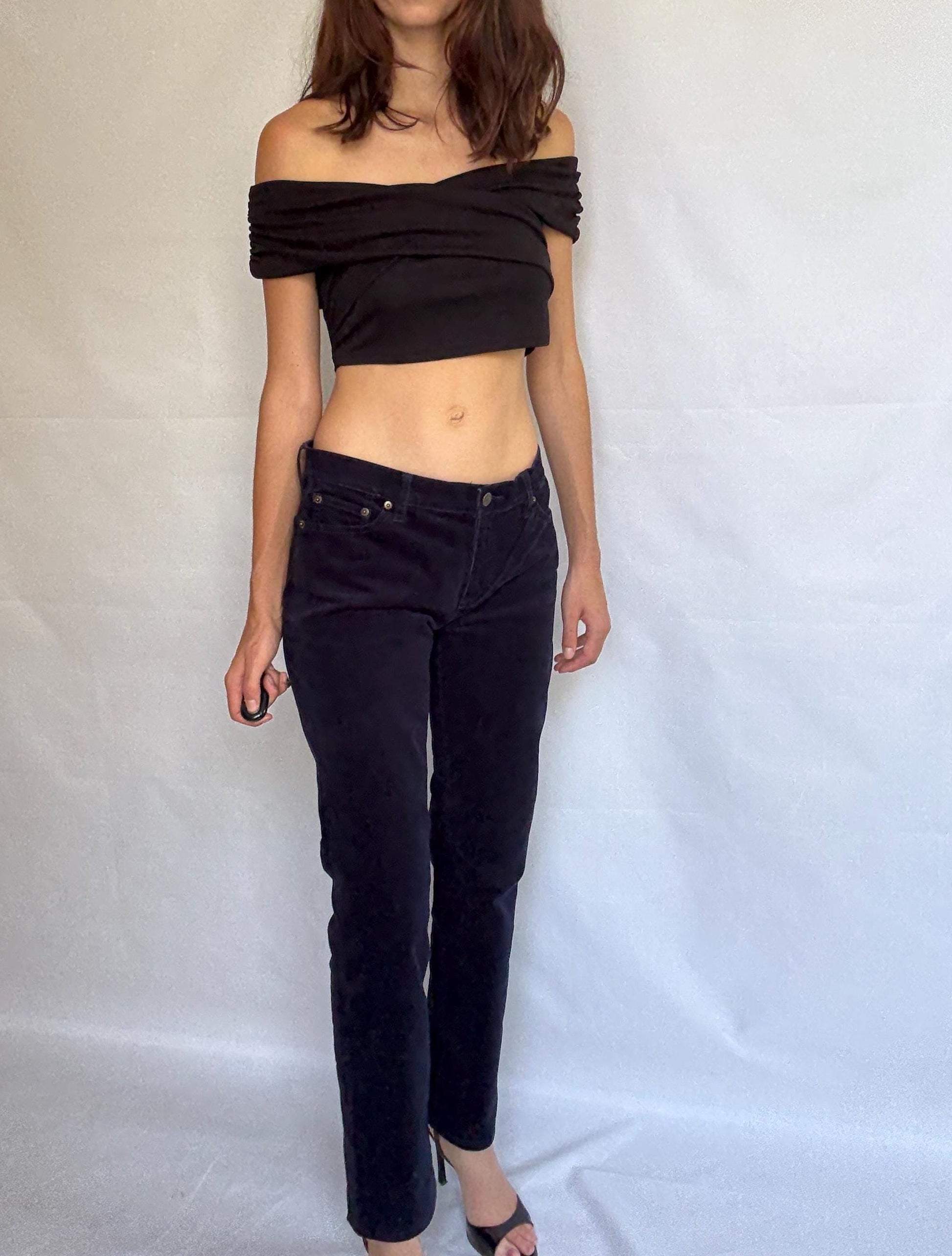 LRL Lauren Jeans Co. blue velvet cotton corduroy pants, straight leg fit, elegant preppy retro style, US M, casual chic