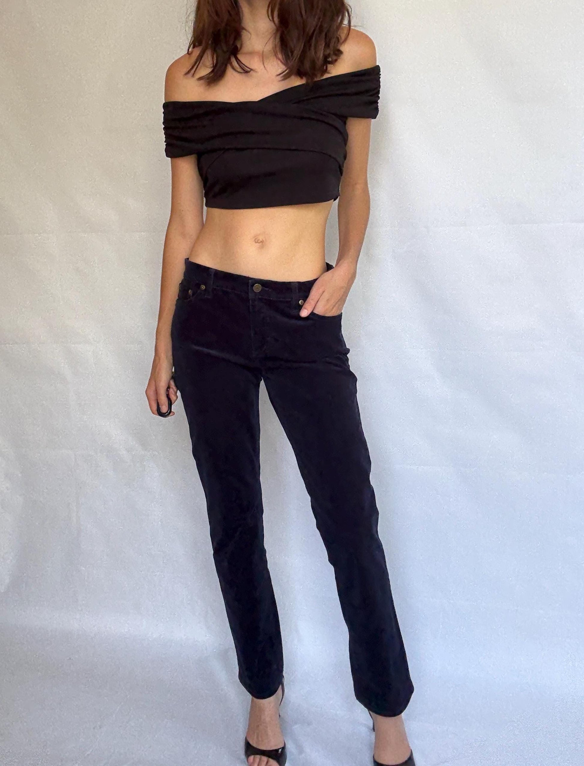 LRL Lauren Jeans Co. blue velvet cotton corduroy pants, straight leg fit, elegant preppy retro style, US M, casual chic