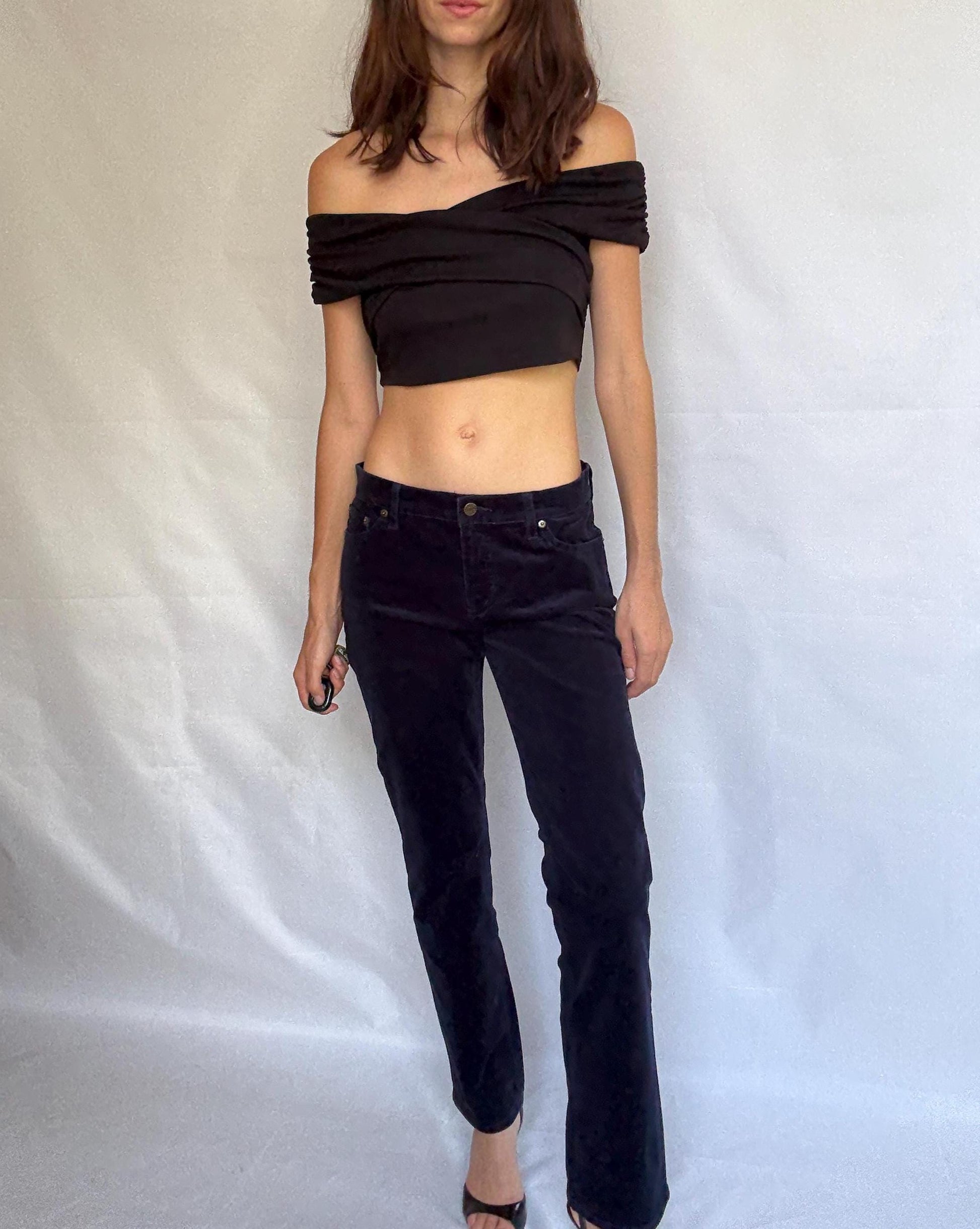 LRL Lauren Jeans Co. blue velvet cotton corduroy pants, straight leg fit, elegant preppy retro style, US M, casual chic