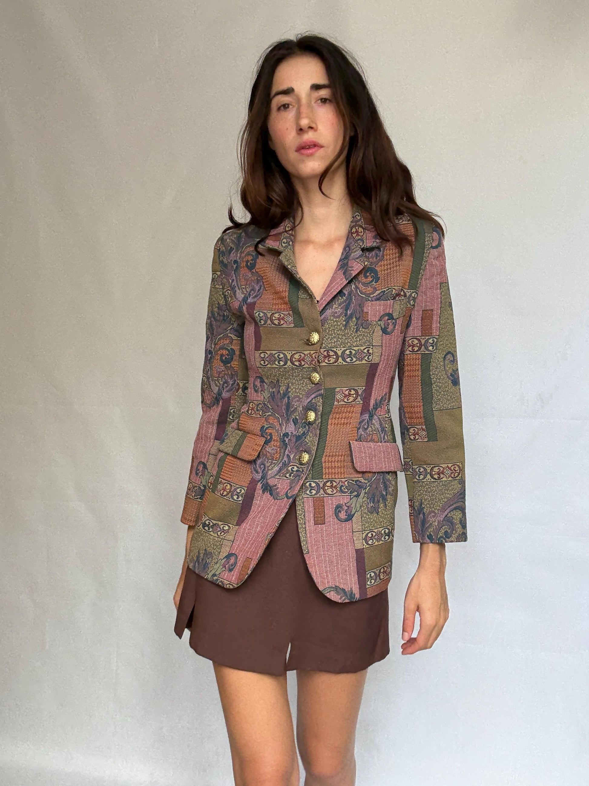 Vintage tapestry blazer, tailored fit, decorative gold buttons, baroque motifs, bohemian eclectic style, US XS, formal unique