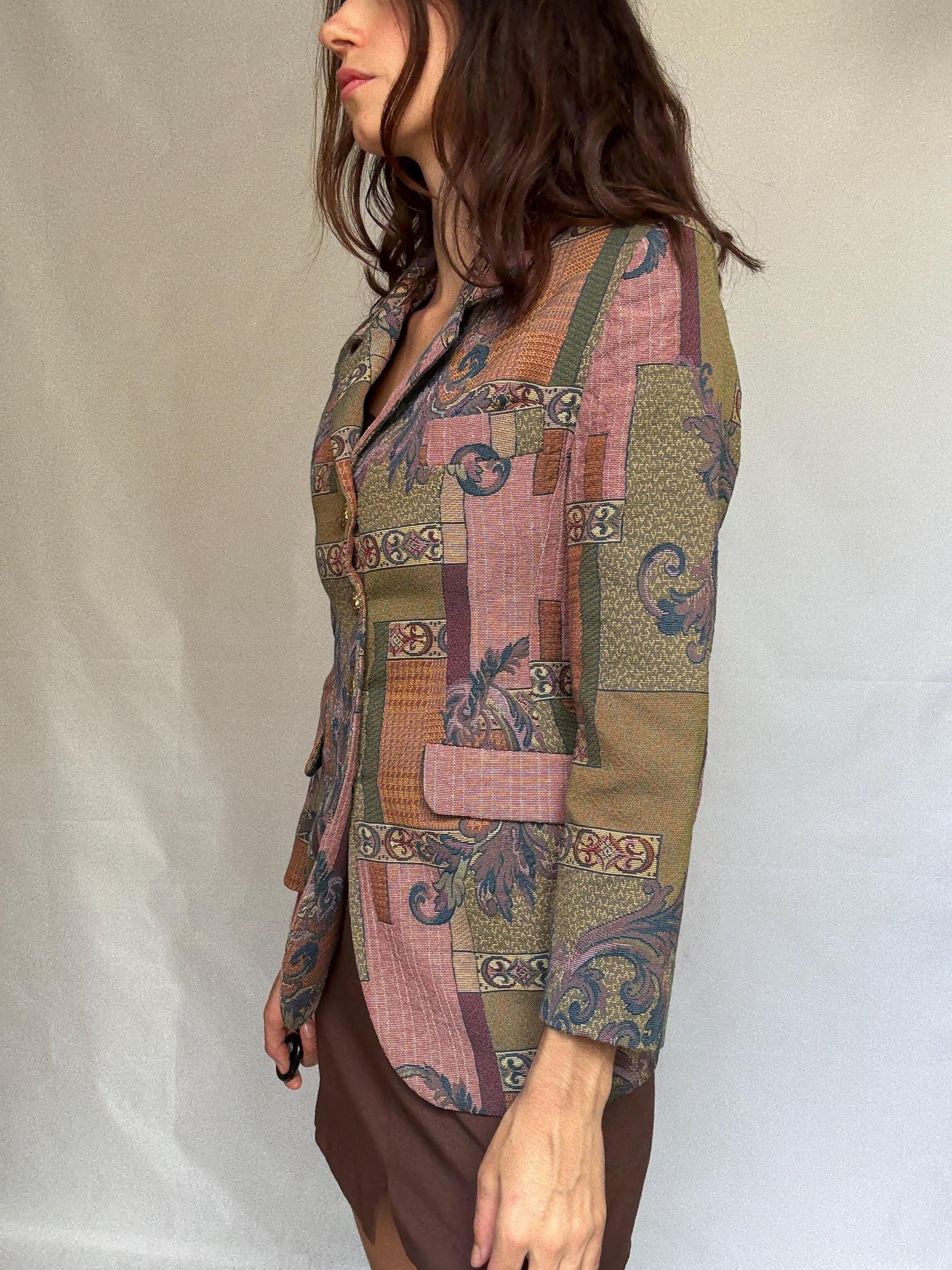 Vintage tapestry blazer, tailored fit, decorative gold buttons, baroque motifs, bohemian eclectic style, US XS, formal unique
