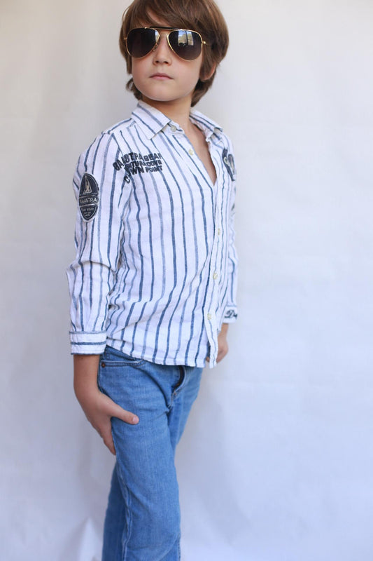 Gaastra navy striped long sleeve shirt, 100% linen, relaxed fit, casual nautical, EU 110 cm, everyday style