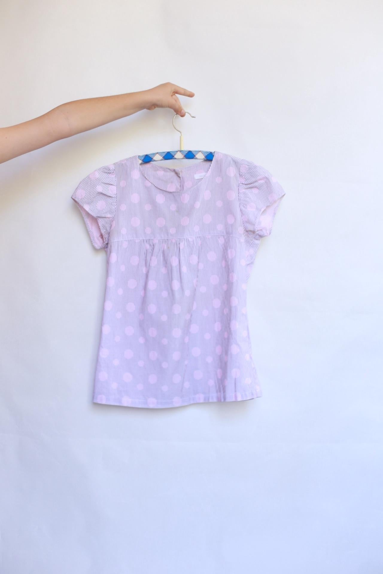Sessun pink polka dot top, 100% cotton, crew neck, puffed sleeves, gathered detail, light academia, US XS kids, casual streetwear