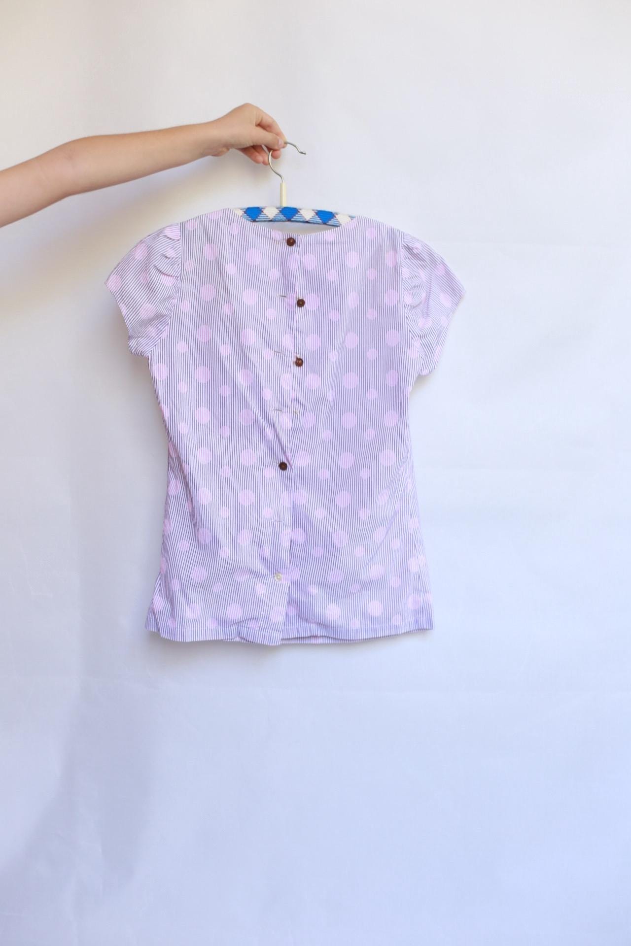Sessun pink polka dot top, 100% cotton, crew neck, puffed sleeves, gathered detail, light academia, US XS kids, casual streetwear