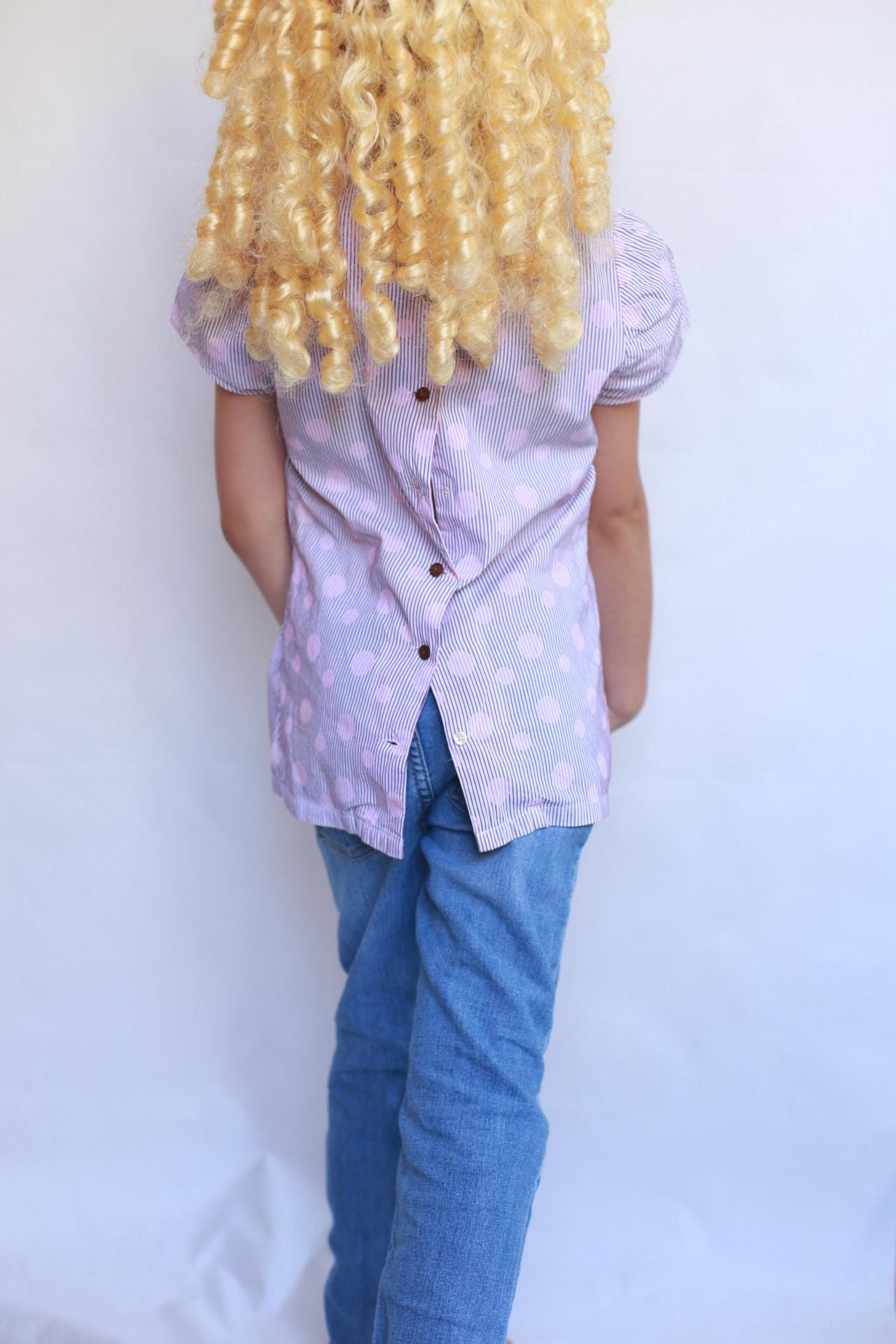 Sessun pink polka dot top, 100% cotton, crew neck, puffed sleeves, gathered detail, light academia, US XS kids, casual streetwear