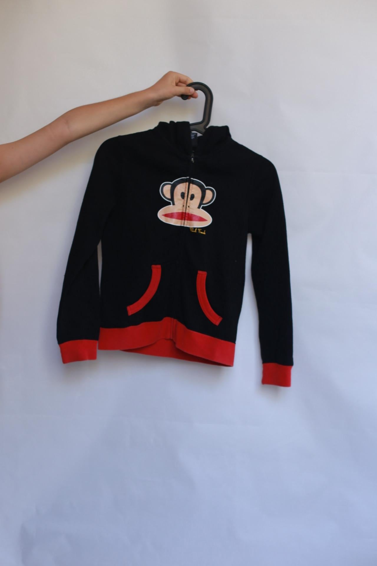 Paul Frank black hoodie, 80% cotton, front zipper, cartoon monkey graphic, casual streetwear, US M (Kids), campus style