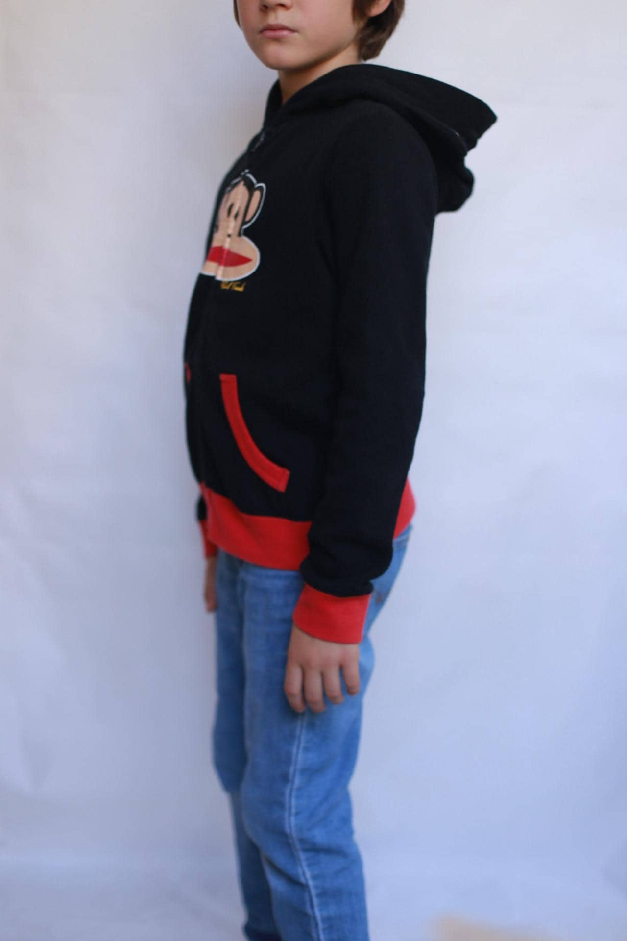 Paul Frank black hoodie, 80% cotton, front zipper, cartoon monkey graphic, casual streetwear, US M (Kids), campus style