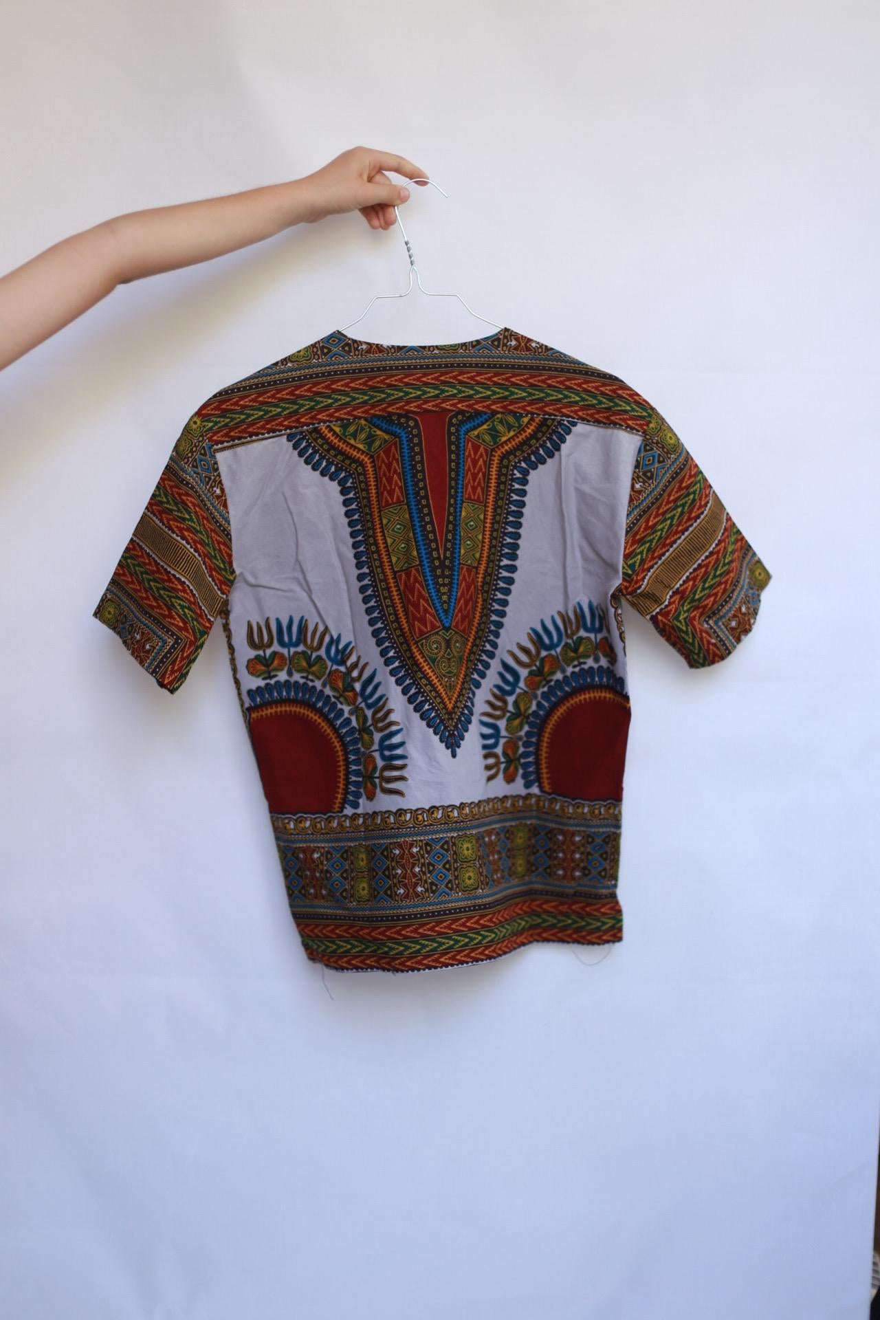 African dark green children's shirt, straight fit, classic collar, retro 90s inspired, US M (children), Dashiki pattern