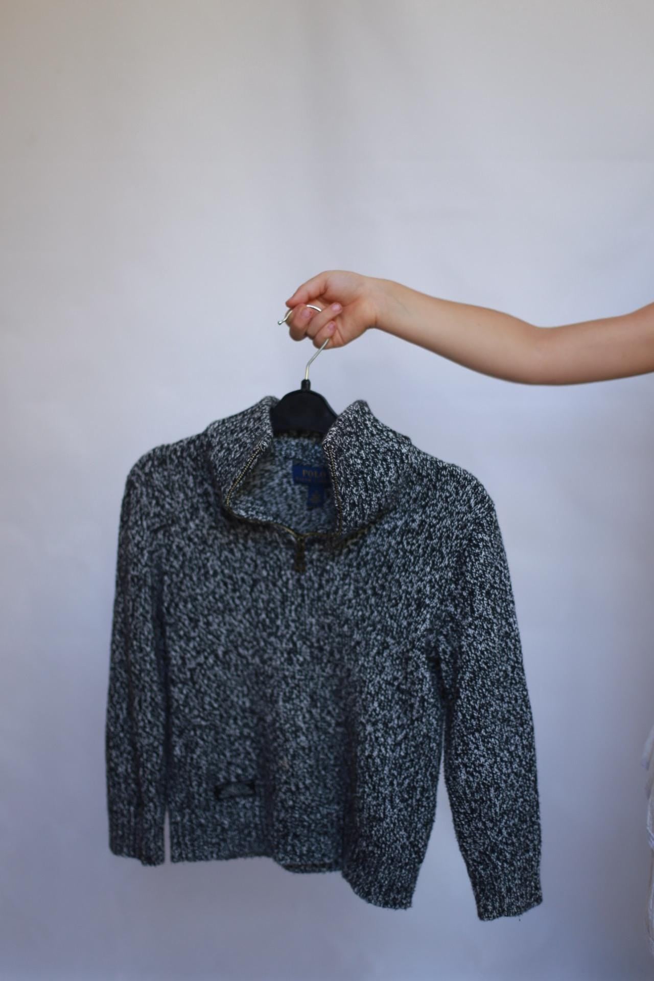 Polo Ralph Lauren grey speckled sweater, 100% cotton, relaxed fit, half zip collar, casual versatile, US 5 kids, everyday wear