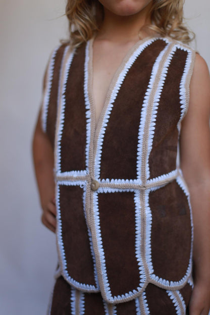 Rustic kids vest and skirt set, wool and leather blend, striped stitch detail, bohemian style, playtime wear, size 5-7 years old