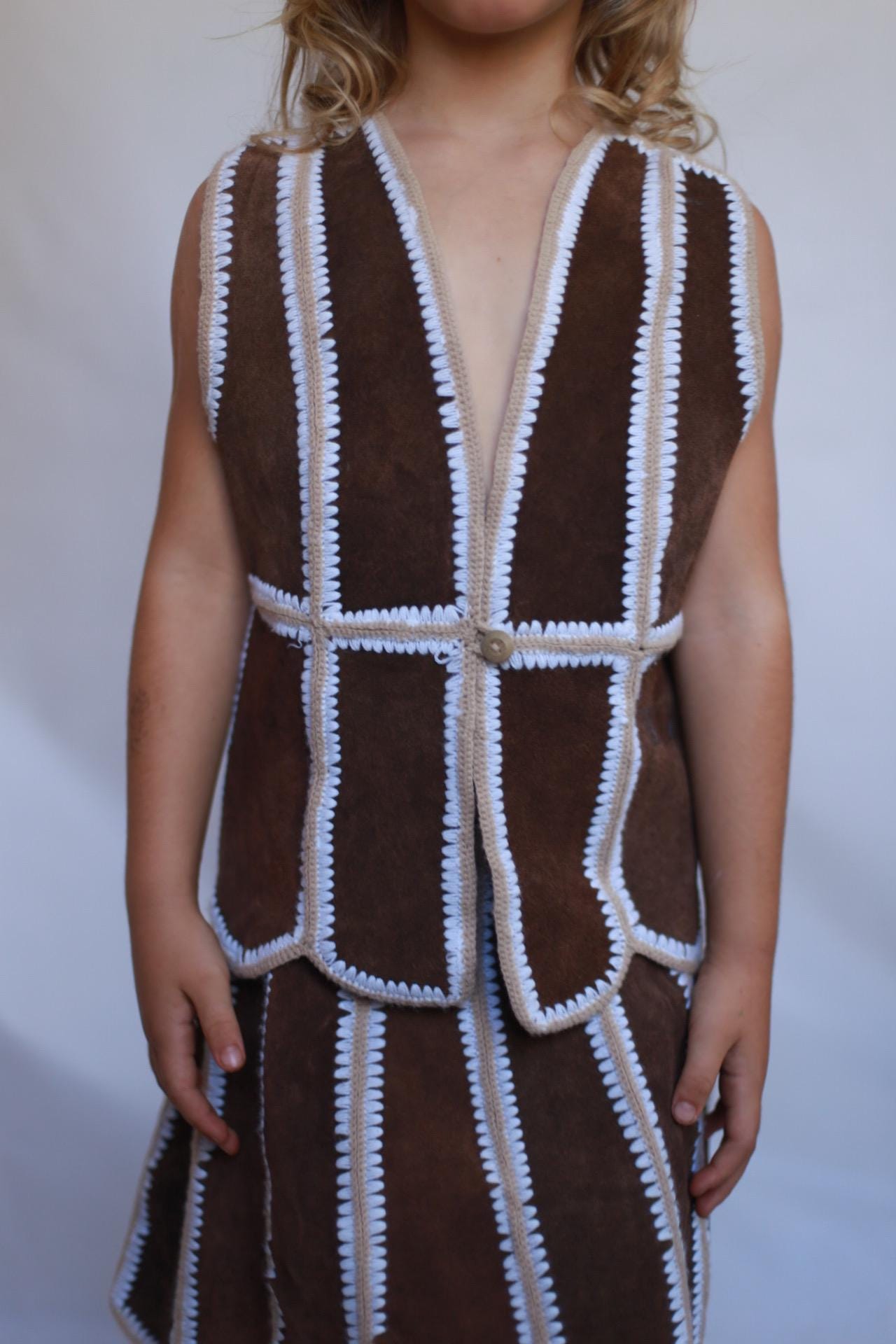 Rustic kids vest and skirt set, wool and leather blend, striped stitch detail, bohemian style, playtime wear, size 5-7 years old