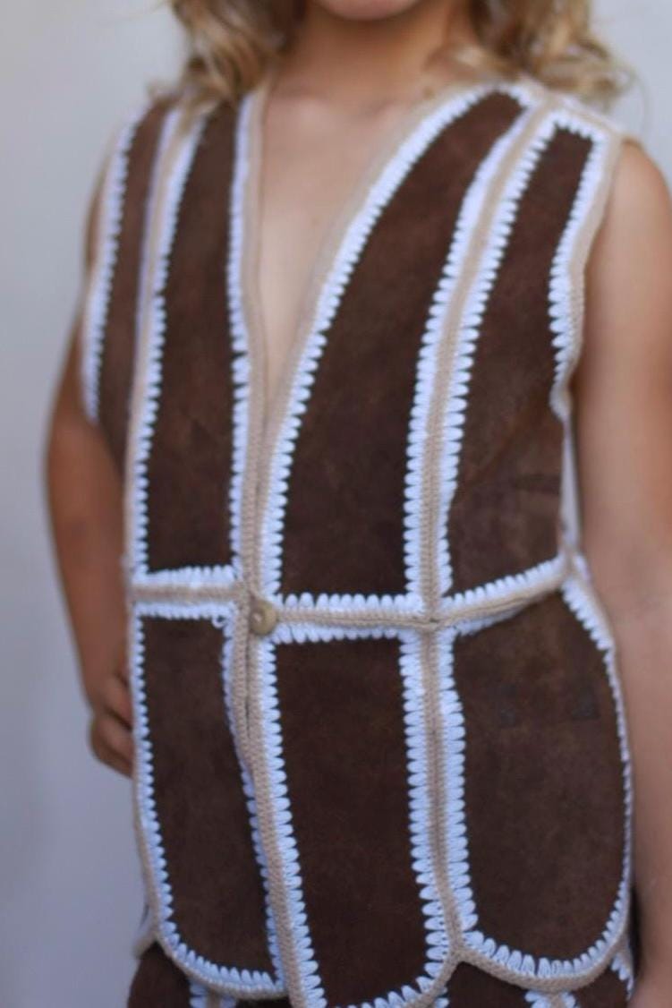 Rustic kids vest and skirt set, wool and leather blend, striped stitch detail, bohemian style, playtime wear, size 5-7 years old