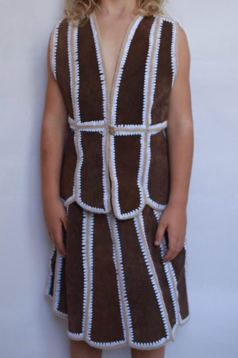 Rustic kids vest and skirt set, wool and leather blend, striped stitch detail, bohemian style, playtime wear, size 5-7 years old