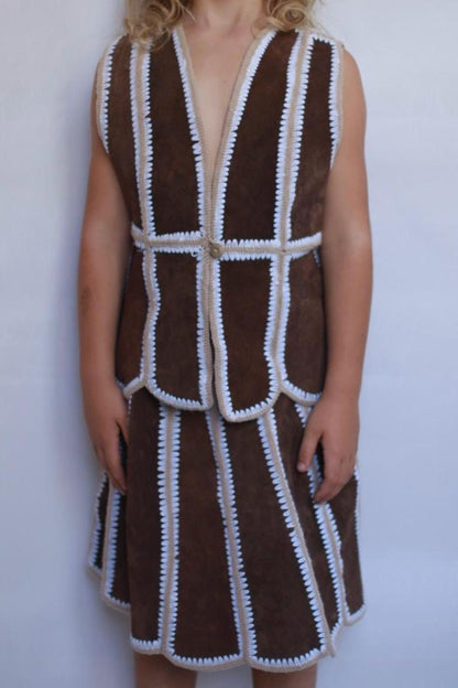 Rustic kids vest and skirt set, wool and leather blend, striped stitch detail, bohemian style, playtime wear, size 5-7 years old