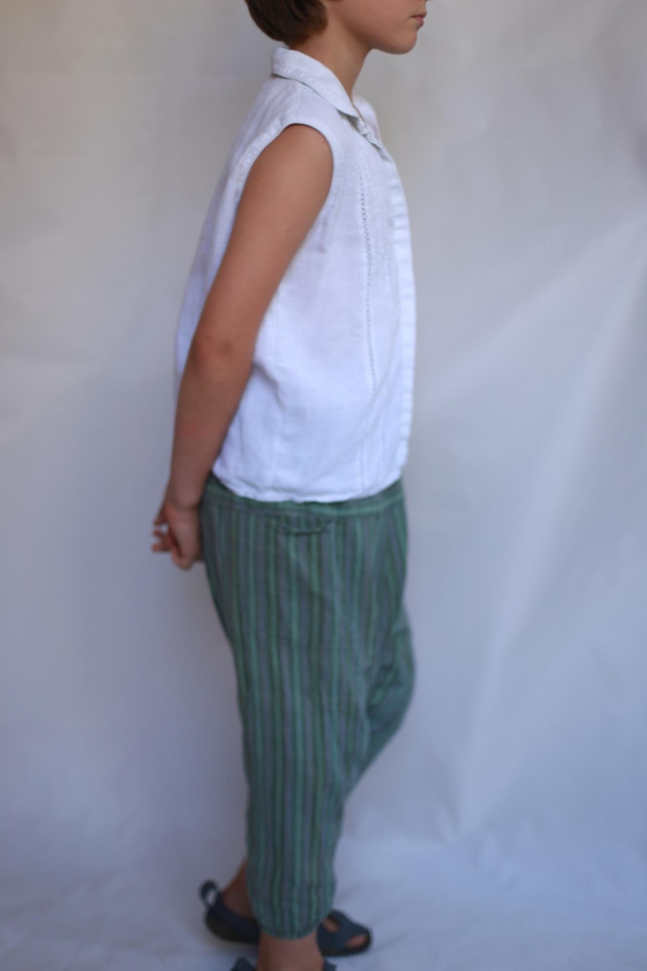 Children's green striped hippy pants, cotton, relaxed fit, elastic waistband with drawstring, retro 70s, US XXL Kids, casual playtime