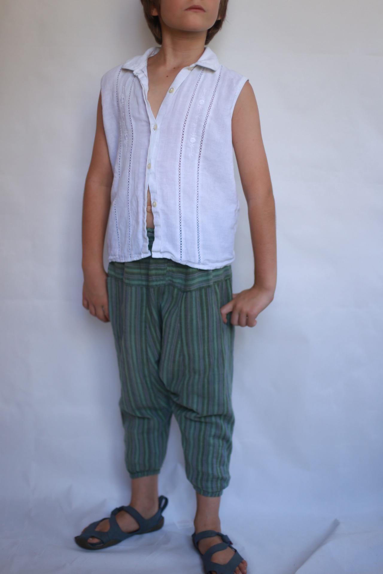 Children's green striped hippy pants, cotton, relaxed fit, elastic waistband with drawstring, retro 70s, US XXL Kids, casual playtime