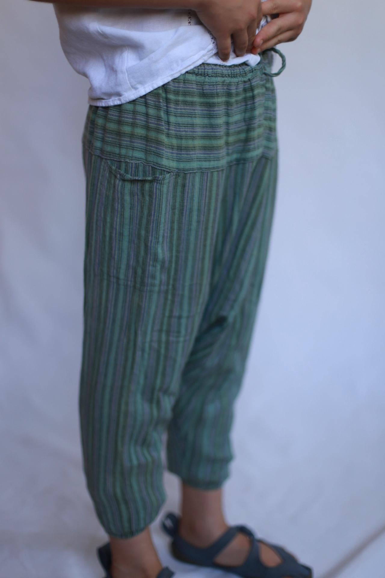 Children's green striped hippy pants, cotton, relaxed fit, elastic waistband with drawstring, retro 70s, US XXL Kids, casual playtime