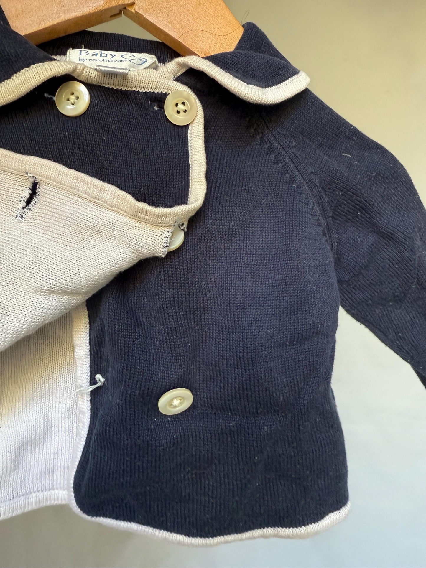 Carolina Zapf navy baby jacket, 100% mercerized cotton, extendable button, beige trim, classic style, US 3-6 months
