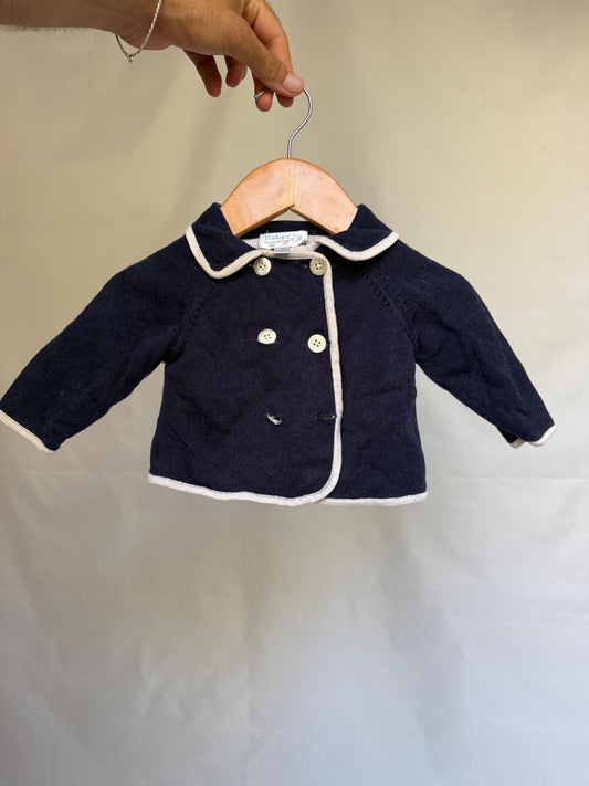 Carolina Zapf navy baby jacket, 100% mercerized cotton, extendable button, beige trim, classic style, US 3-6 months