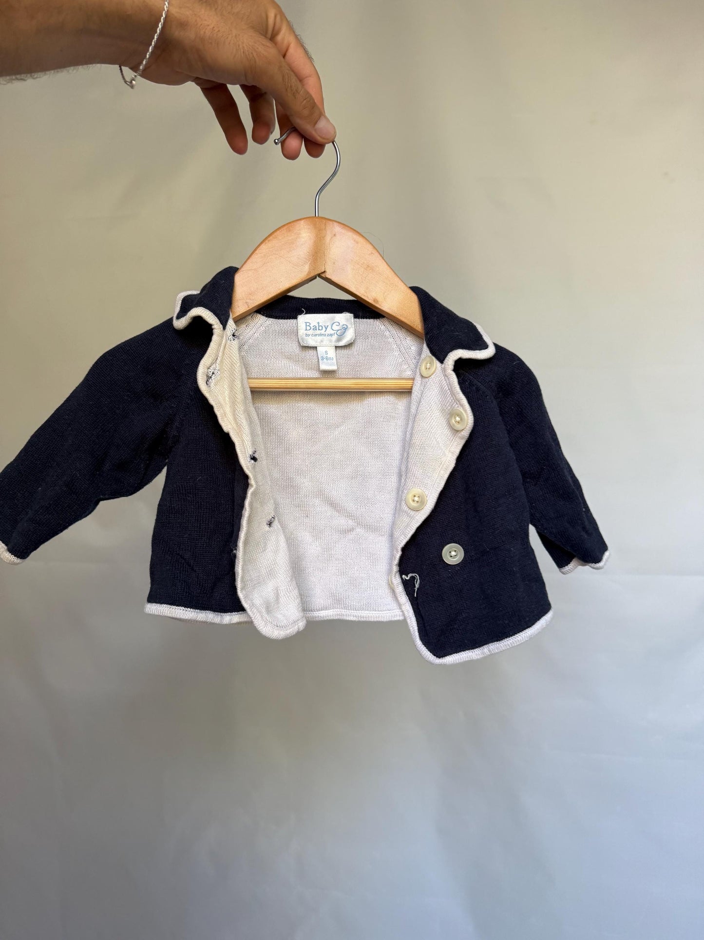 Carolina Zapf navy baby jacket, 100% mercerized cotton, extendable button, beige trim, classic style, US 3-6 months
