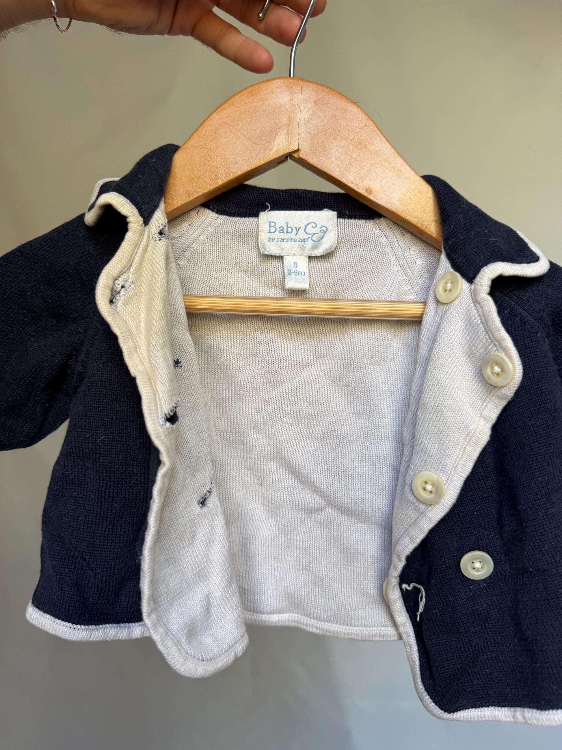 Carolina Zapf navy baby jacket, 100% mercerized cotton, extendable button, beige trim, classic style, US 3-6 months