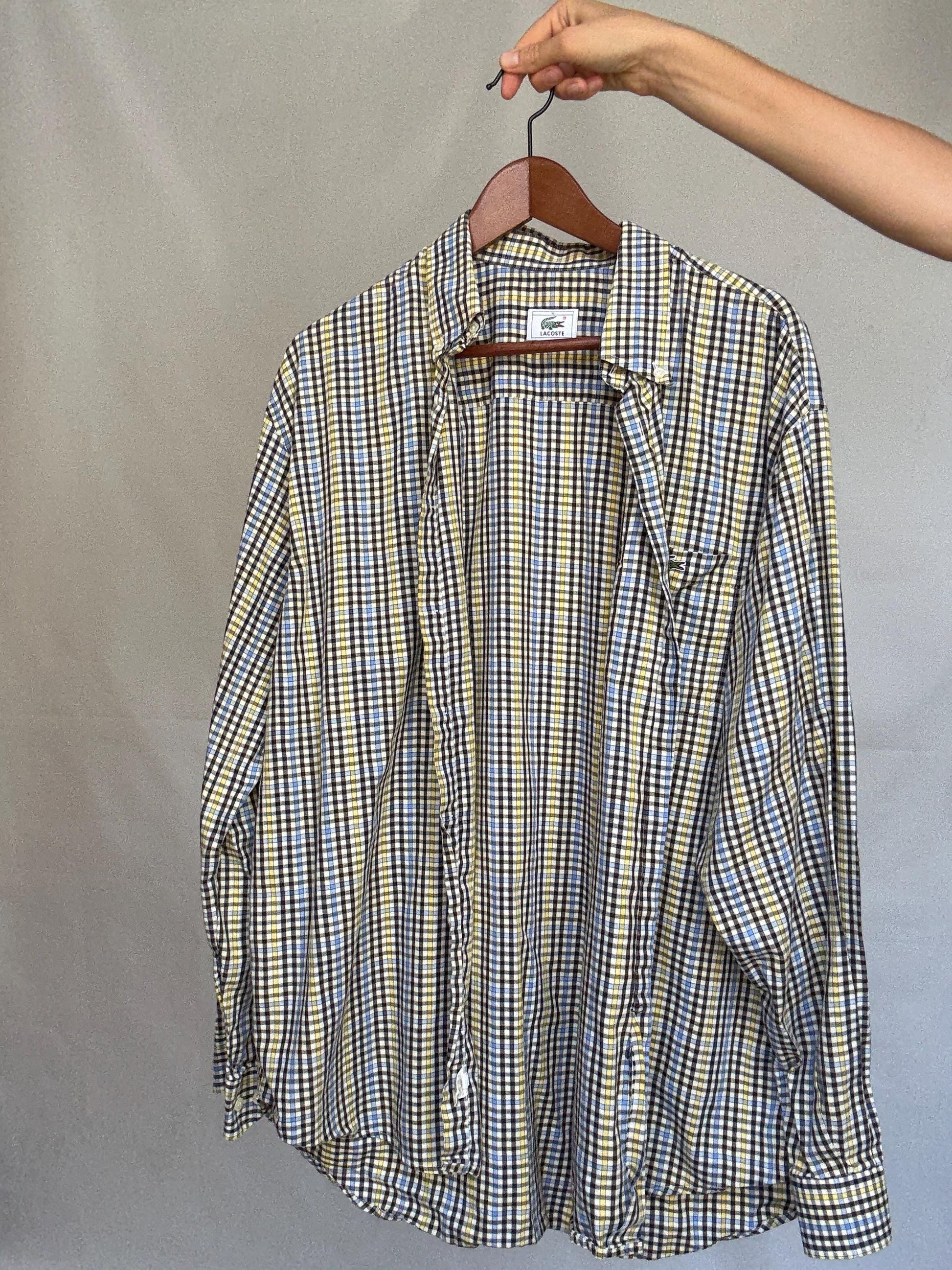 Lacoste plaid button up shirt, cotton, relaxed fit, classic collar, chest pocket, casual vintage vibe, US XL, everyday wear
