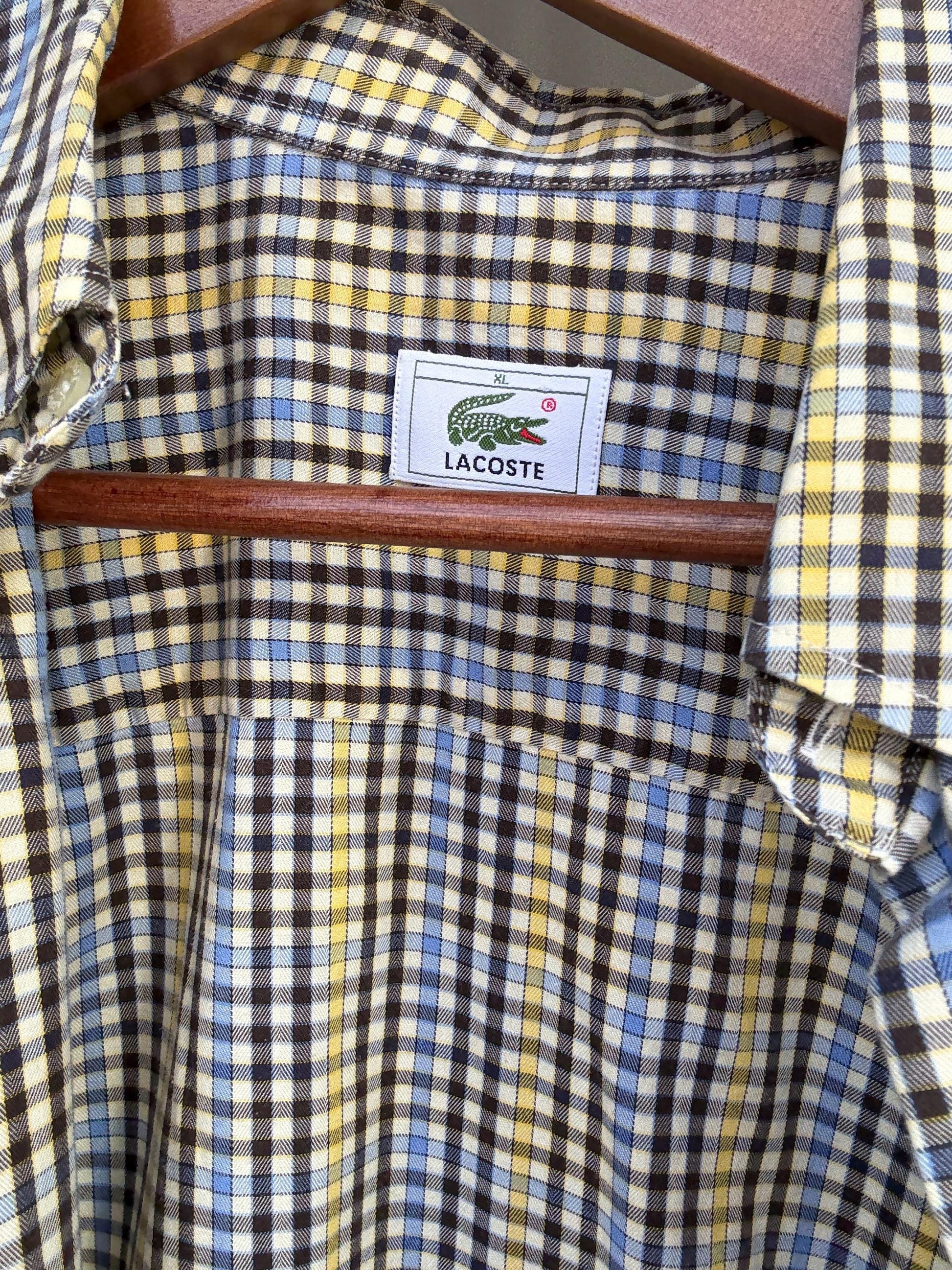 Lacoste plaid button up shirt, cotton, relaxed fit, classic collar, chest pocket, casual vintage vibe, US XL, everyday wear