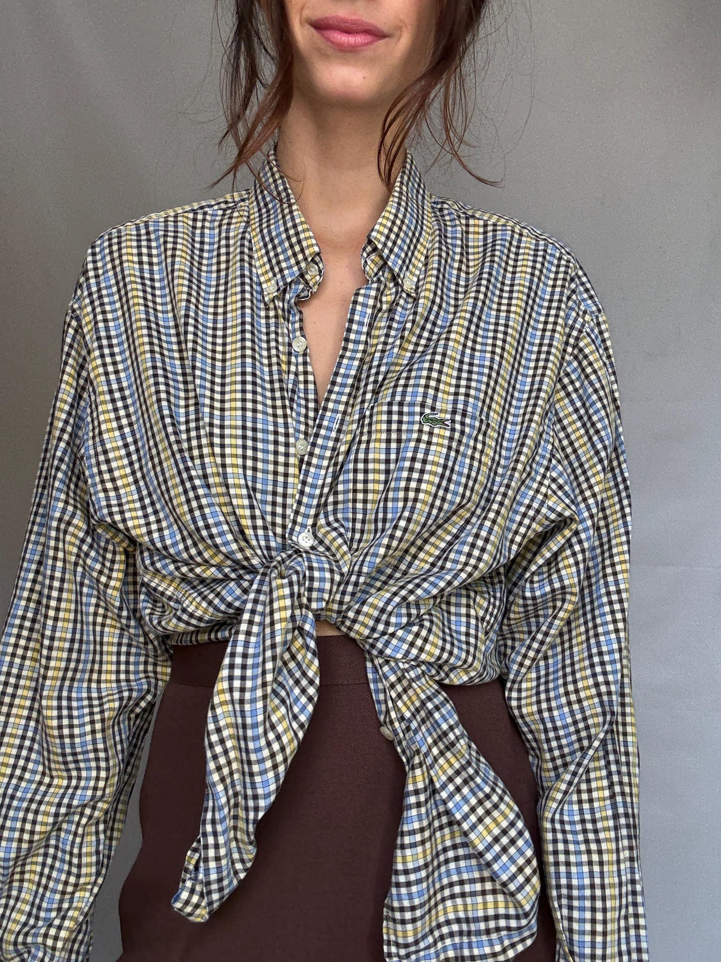 Lacoste plaid button up shirt, cotton, relaxed fit, classic collar, chest pocket, casual vintage vibe, US XL, everyday wear