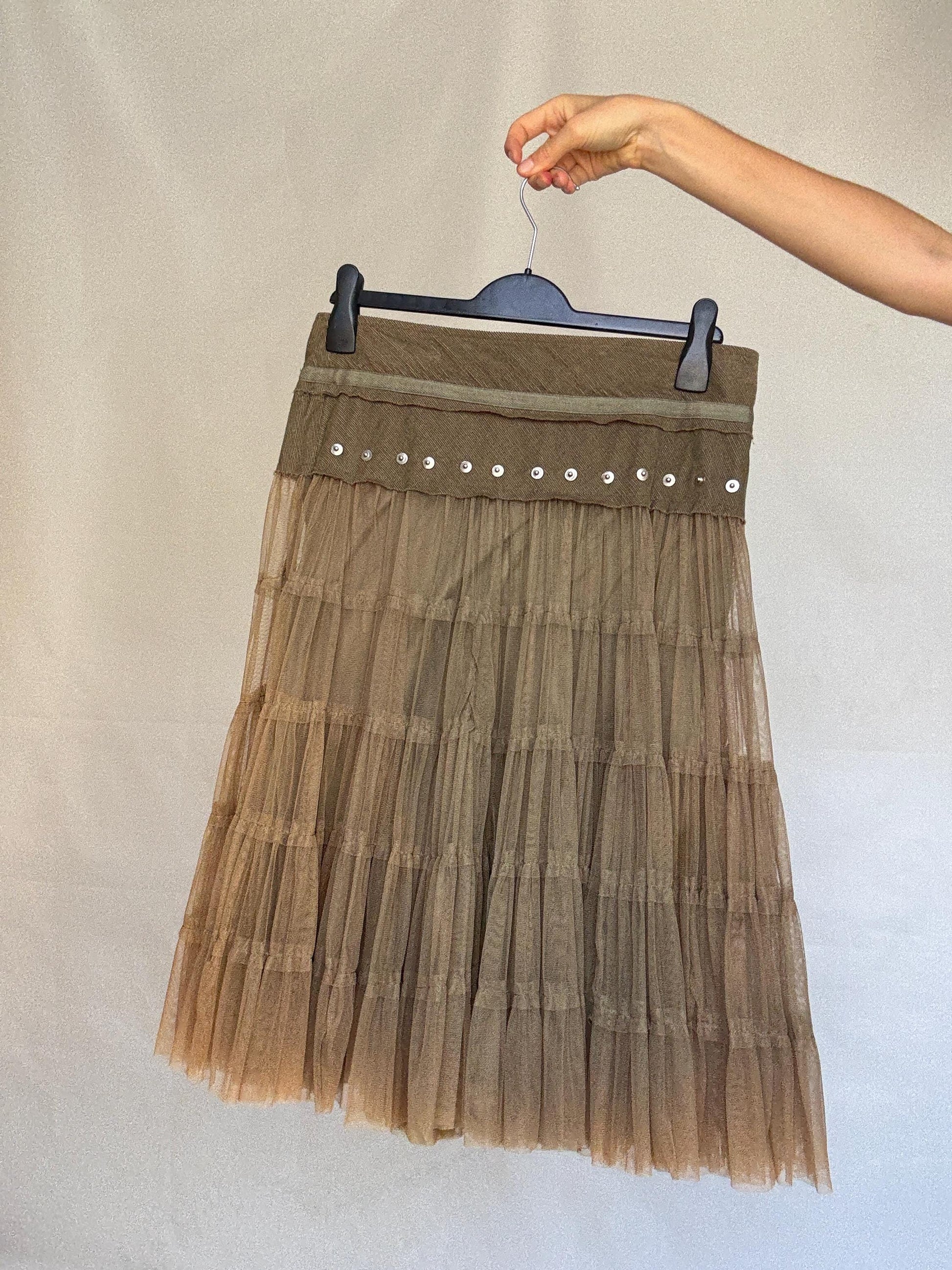 Vintage taupe a line skirt, cotton corduroy midi skirt, metallic eyelet waistband, romantic grunge, US XL, evening chic