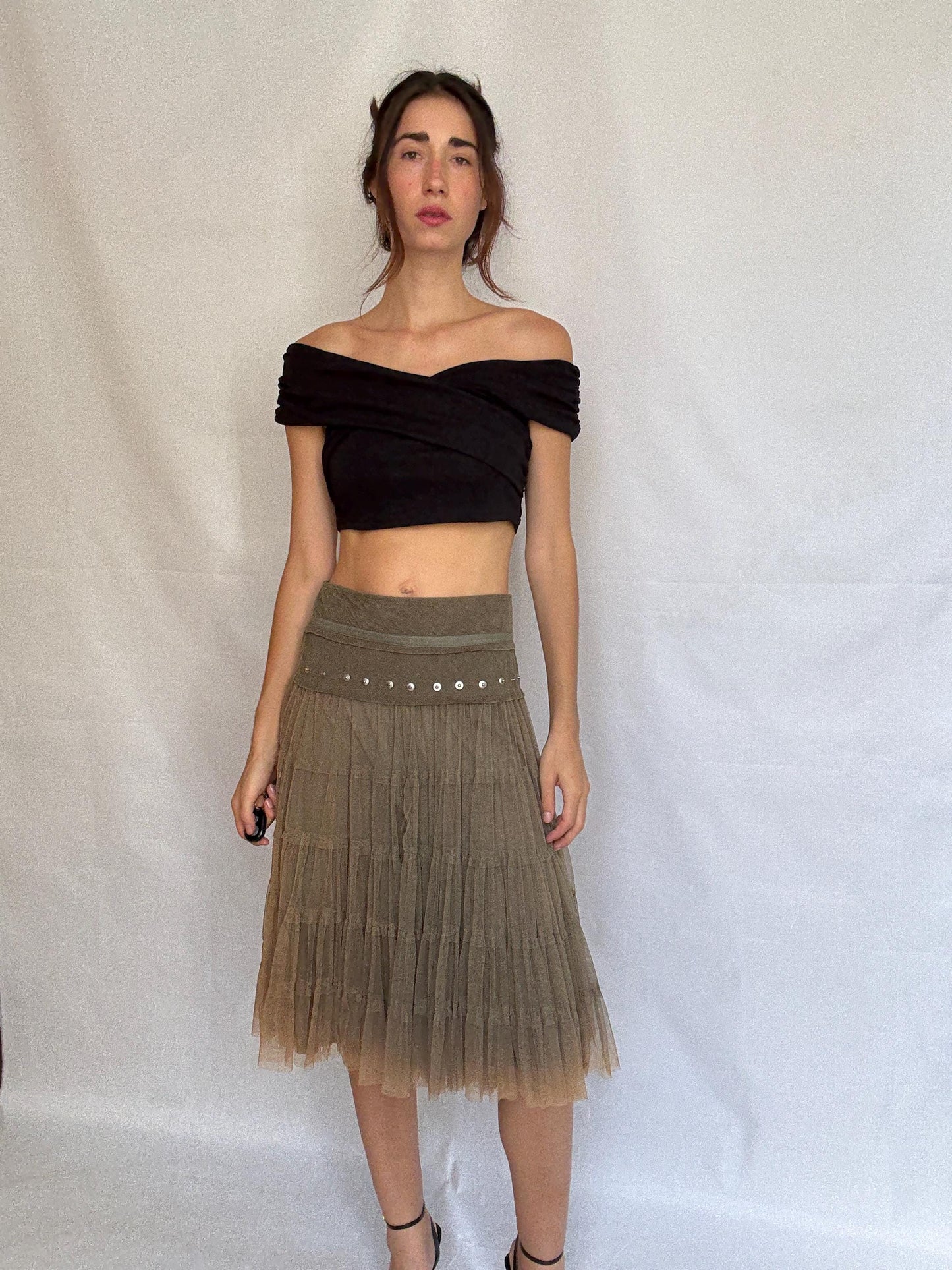 Vintage taupe a line skirt, cotton corduroy midi skirt, metallic eyelet waistband, romantic grunge, US XL, evening chic