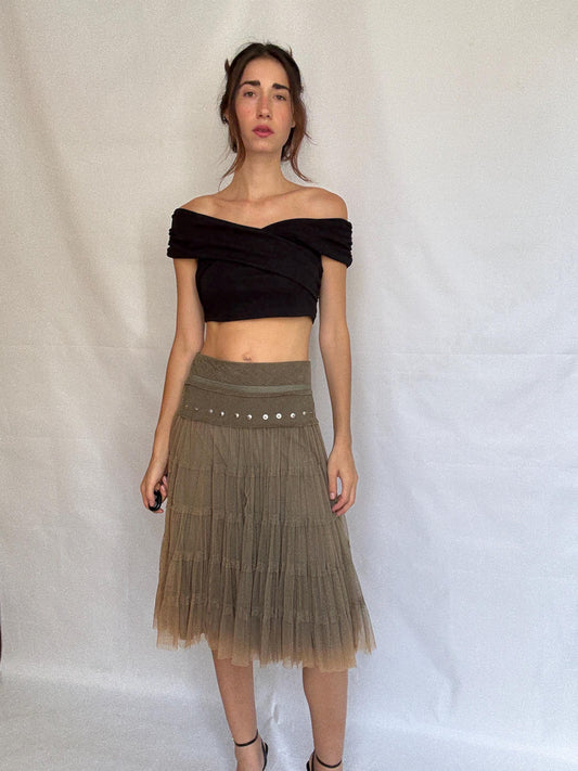 Vintage taupe a line skirt, cotton corduroy midi skirt, metallic eyelet waistband, romantic grunge, US XL, evening chic