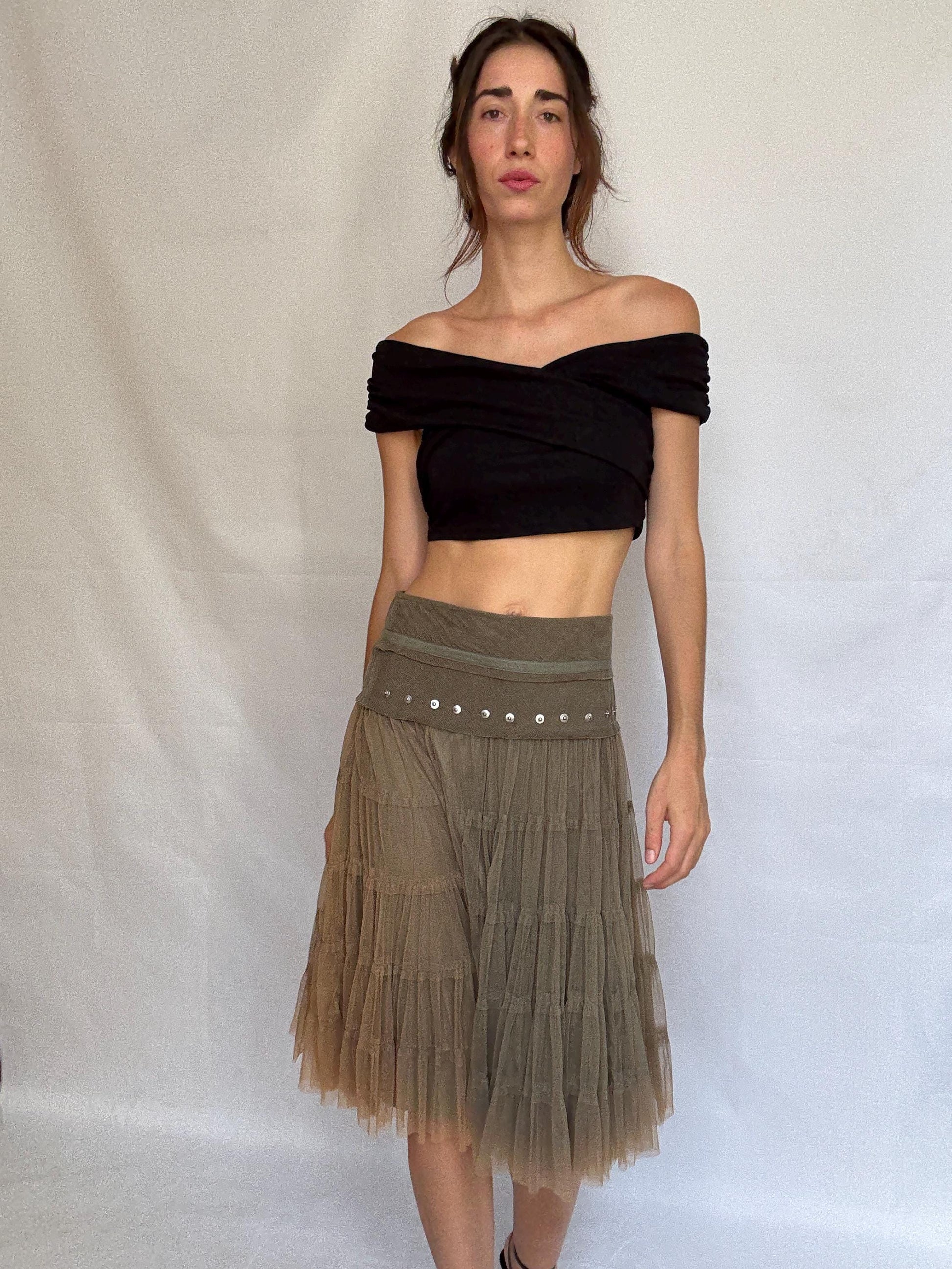 Vintage taupe a line skirt, cotton corduroy midi skirt, metallic eyelet waistband, romantic grunge, US XL, evening chic