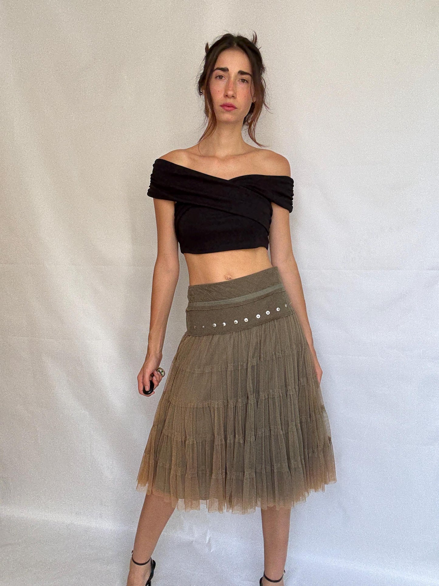 Vintage taupe a line skirt, cotton corduroy midi skirt, metallic eyelet waistband, romantic grunge, US XL, evening chic