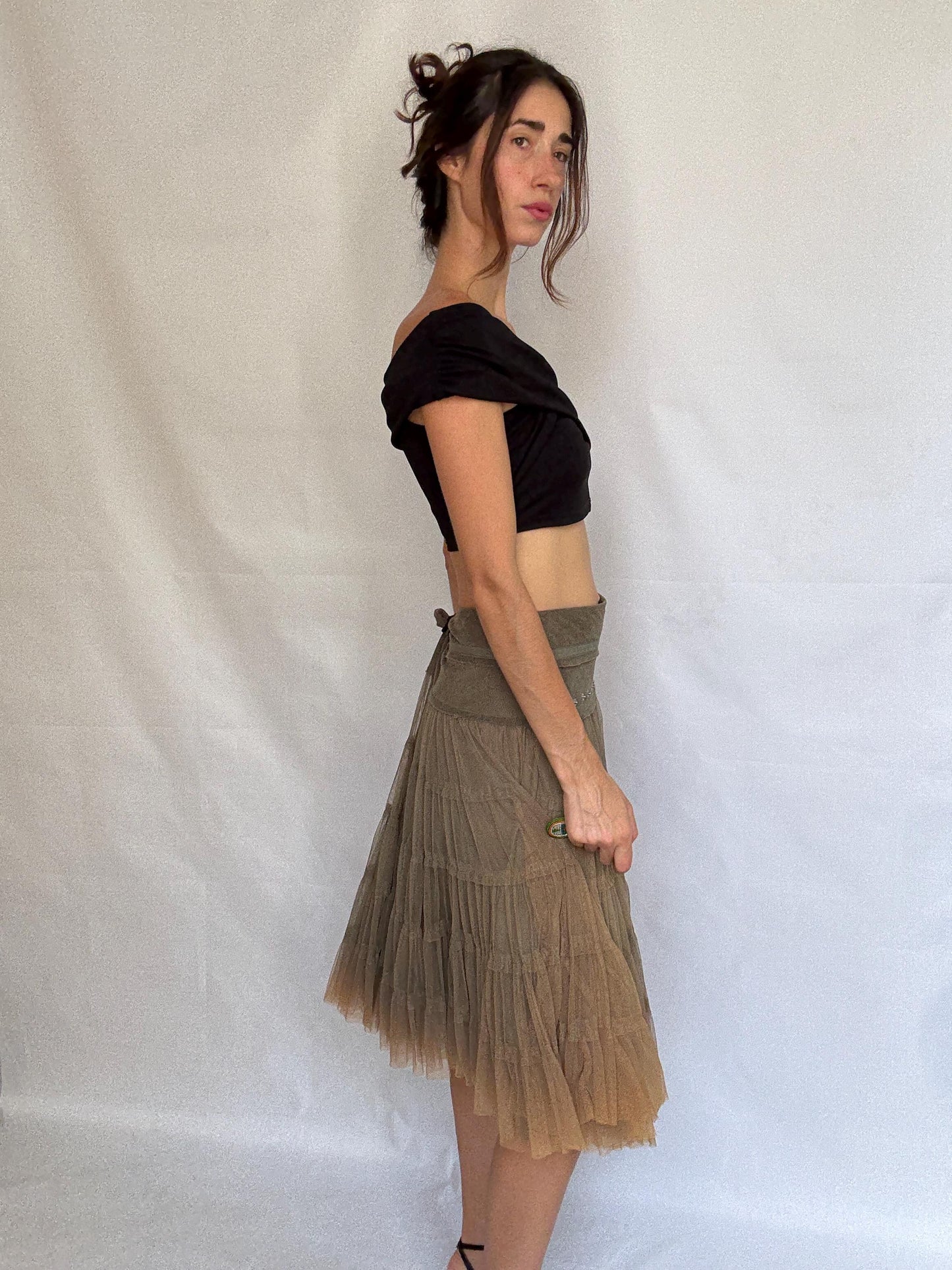 Vintage taupe a line skirt, cotton corduroy midi skirt, metallic eyelet waistband, romantic grunge, US XL, evening chic