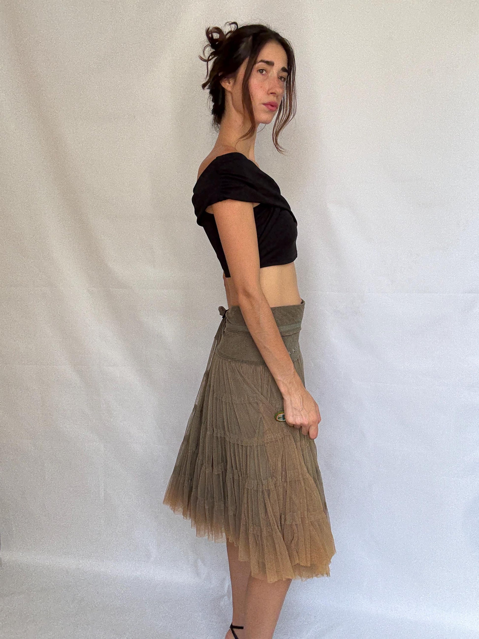 Vintage taupe a line skirt, cotton corduroy midi skirt, metallic eyelet waistband, romantic grunge, US XL, evening chic