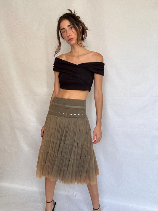 Vintage taupe a line skirt, cotton corduroy midi skirt, metallic eyelet waistband, romantic grunge, US XL, evening chic