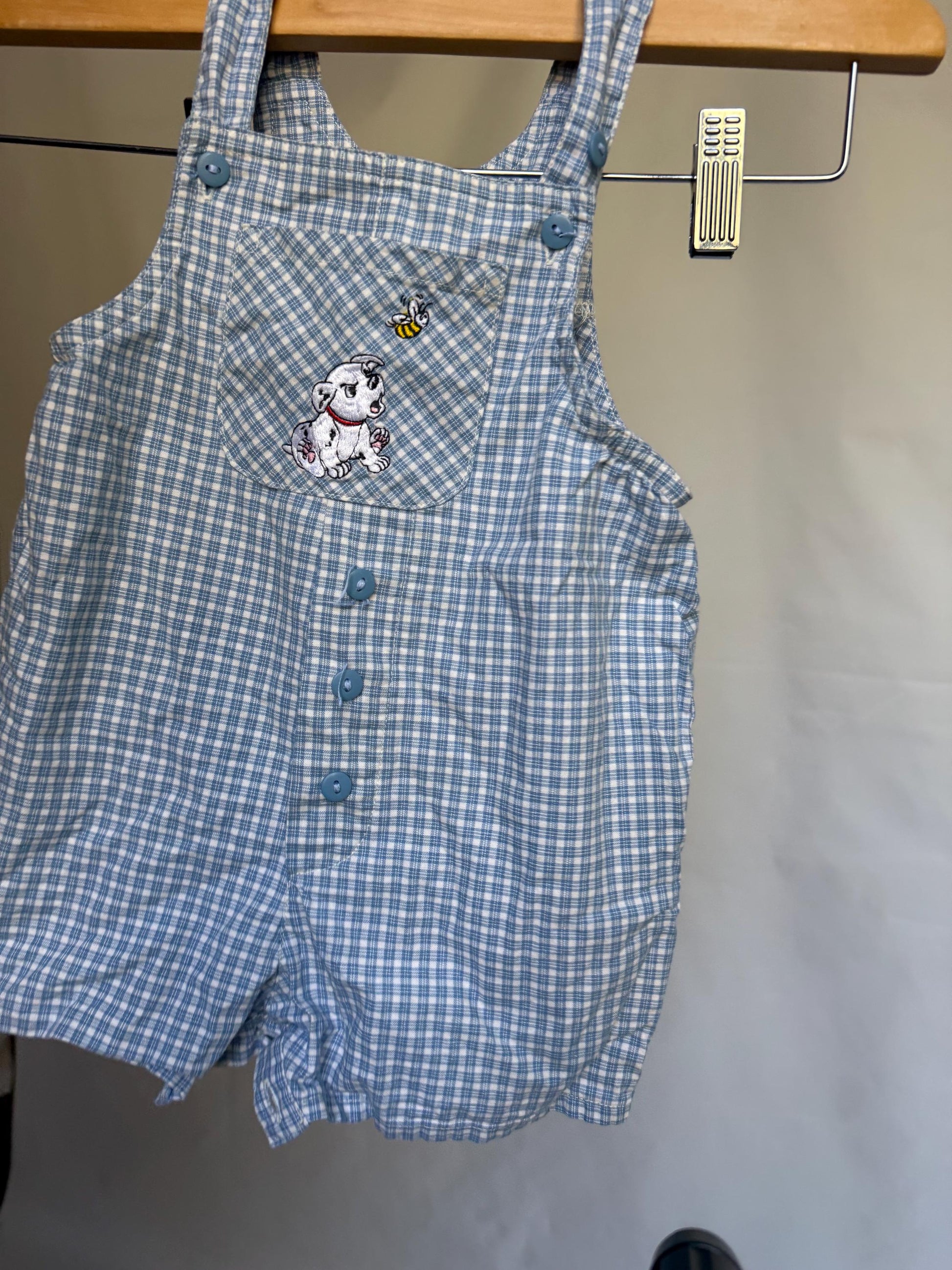 Disney blue gingham baby overall, 100% cotton, embroidered dog and bee pocket, playful casual, US size 0-6 months