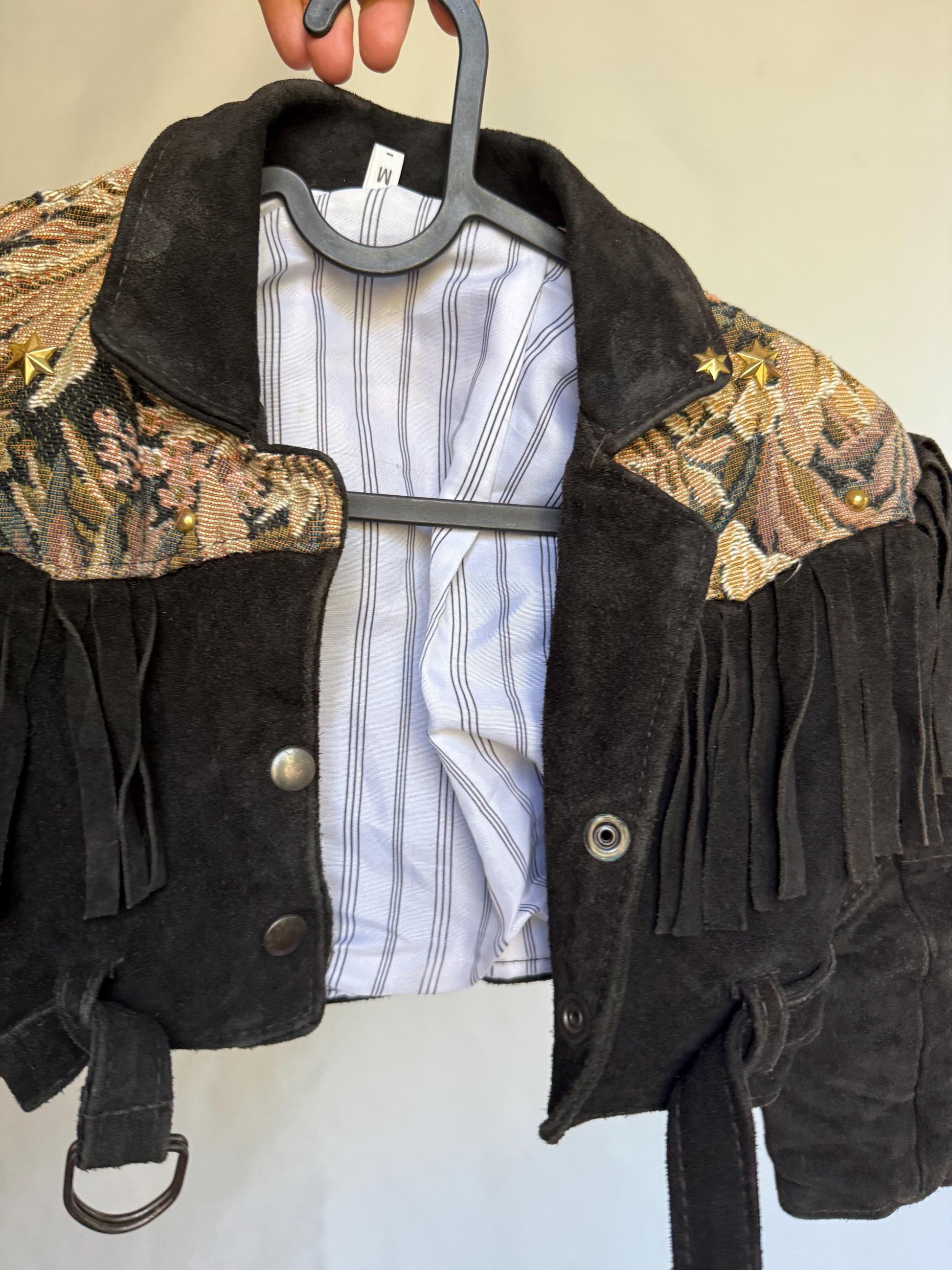Vintage Black Suede Fringe Jacket for Kids — back view