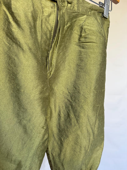 Elvira Nieto Olive Silk Cropped Pants — fabric close-up