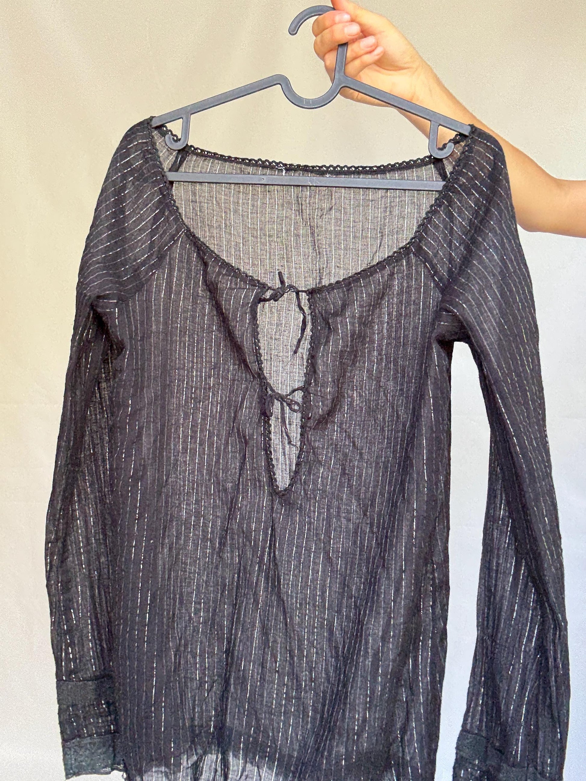 Vintage black sheer metallic top, Cute open neck with tie detail, y2k britney spears style, US M, evening summer