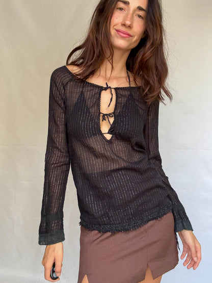 Vintage Y2K Black Sheer Metallic Top — detail