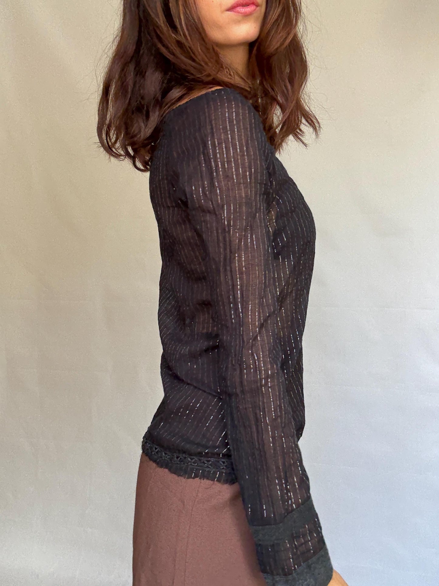 Vintage black sheer metallic top, Cute open neck with tie detail, y2k britney spears style, US M, evening summer