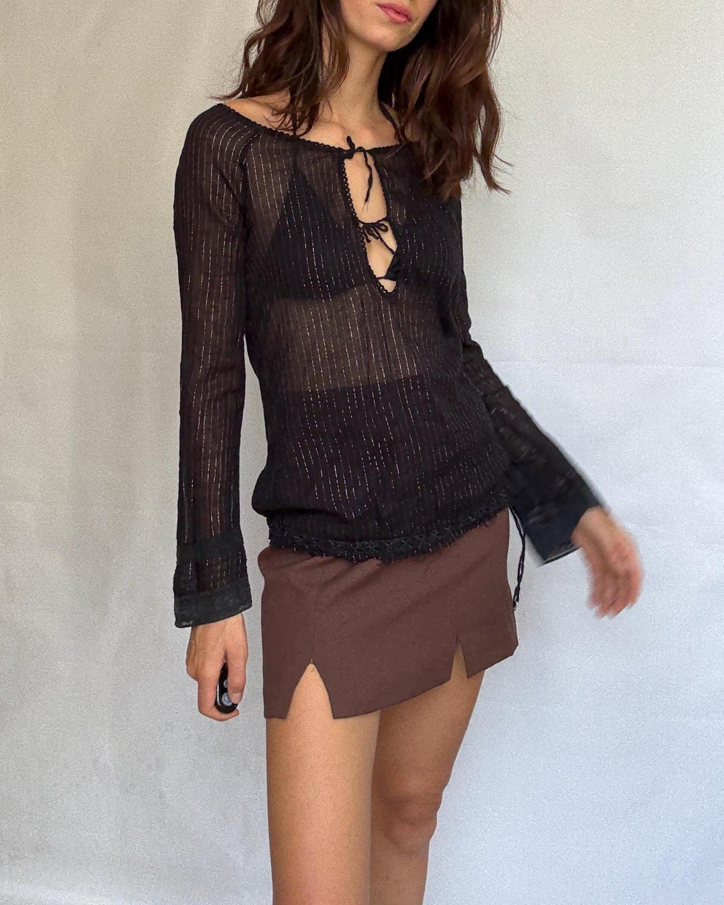 Vintage black sheer metallic top, Cute open neck with tie detail, y2k britney spears style, US M, evening summer