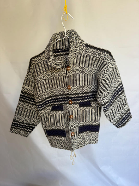 Handmade vintage nordic-inspired wool sweater, button up design, black inca bird, retro 90s style, winter streetwear