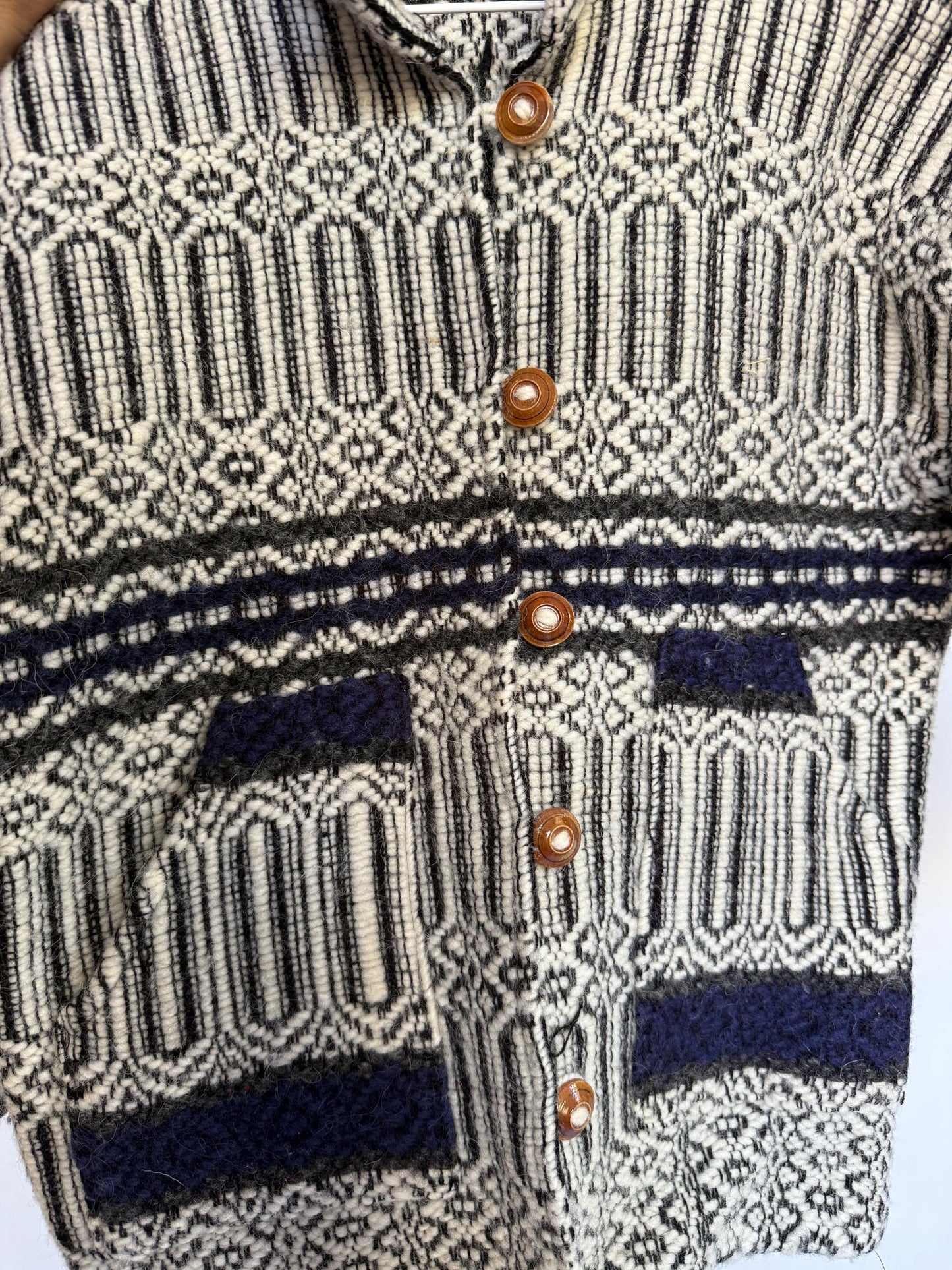 Handmade vintage nordic-inspired wool sweater, button up design, black inca bird, retro 90s style, winter streetwear