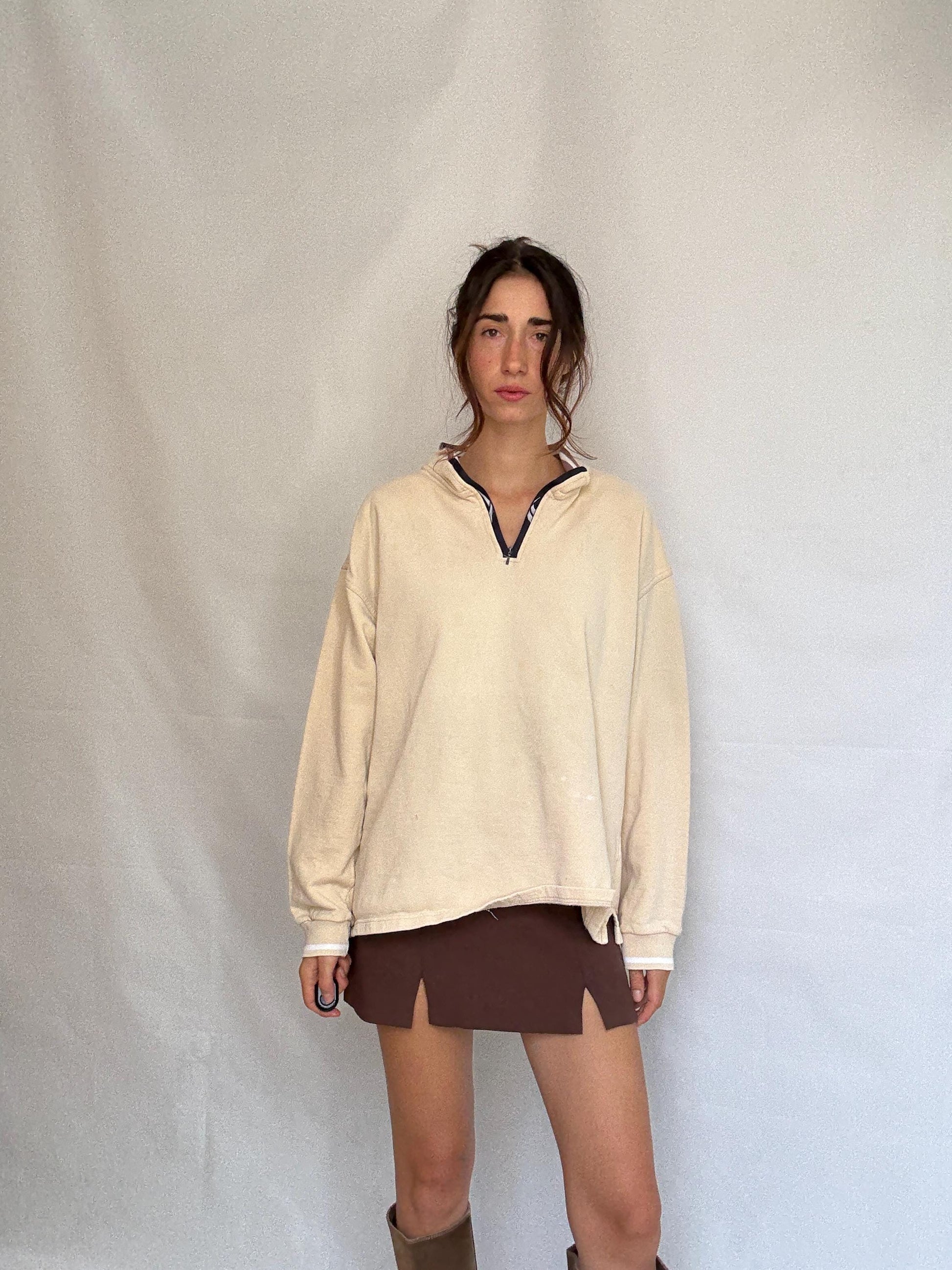Reebok beige jumper, 100% cotton, loose oversized fit, embroidered logo, casual sporty, US XL, streetwear relaxed vibe