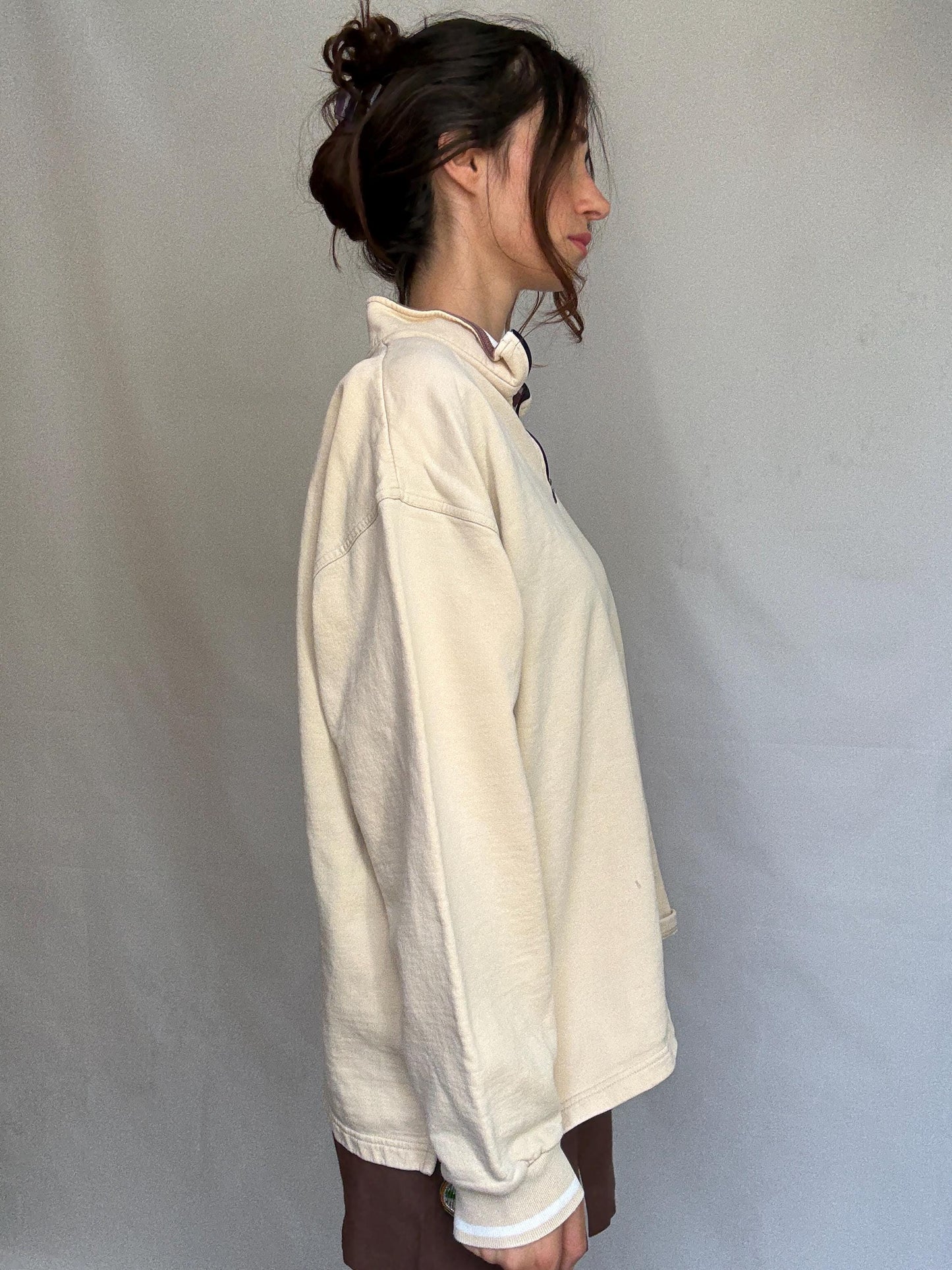 Reebok beige jumper, 100% cotton, loose oversized fit, embroidered logo, casual sporty, US XL, streetwear relaxed vibe