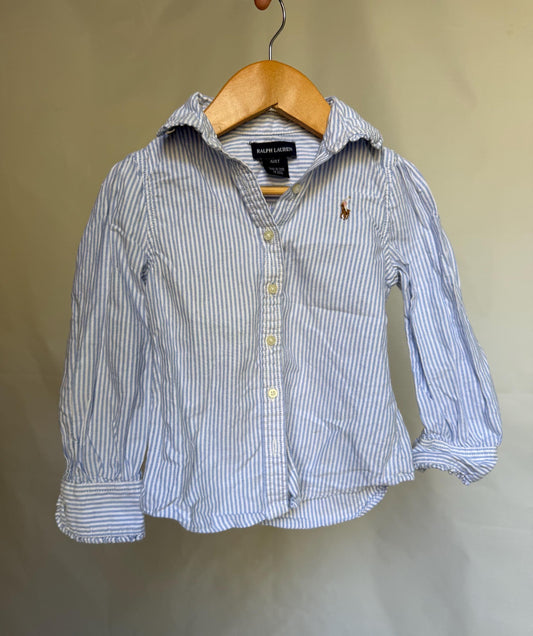 Ralph Lauren blue striped shirt, 100% cotton, classic fit, button front, preppy wear, Size 4 years old