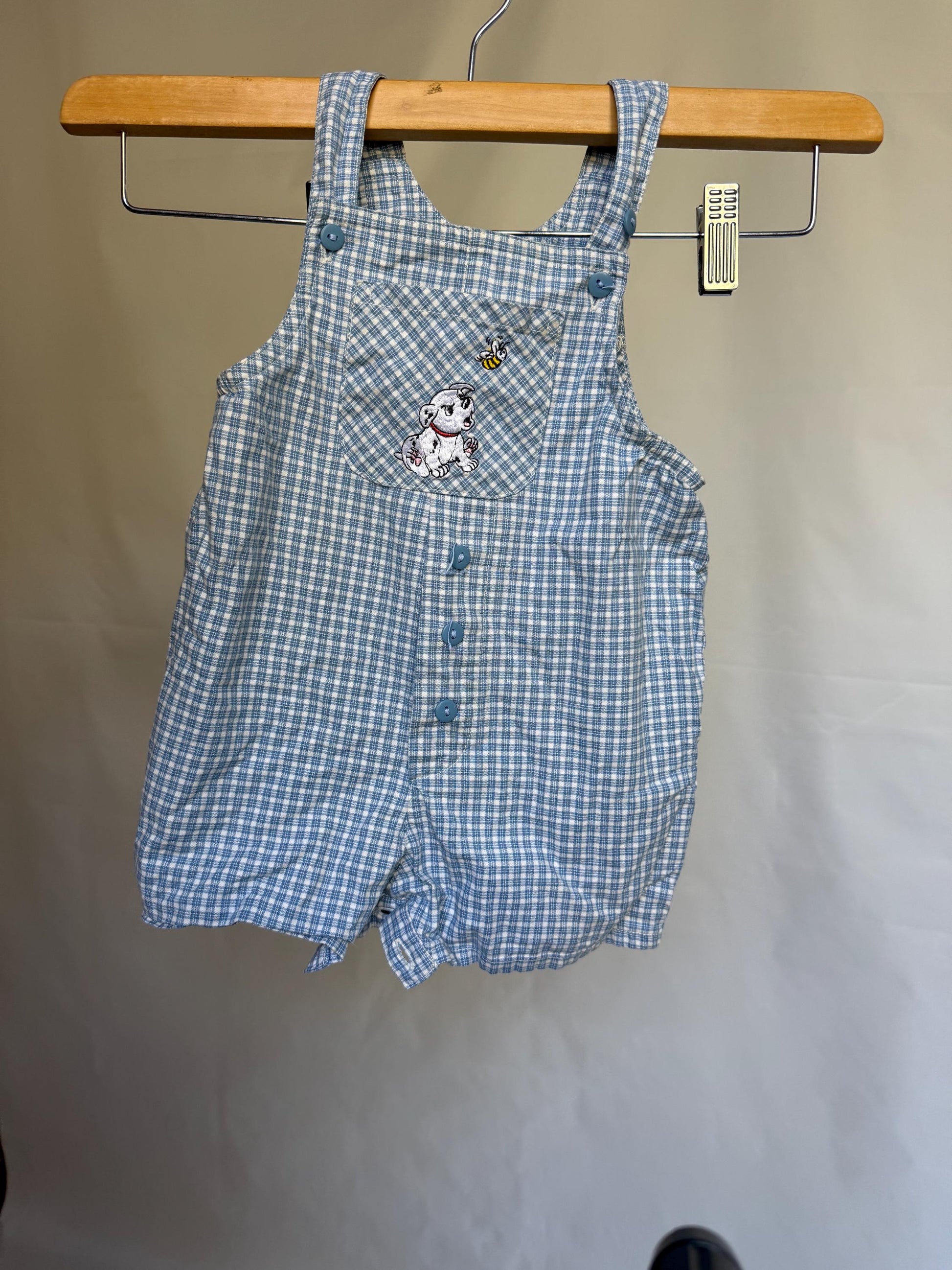 Disney blue gingham baby overall, 100% cotton, embroidered dog and bee pocket, playful casual, US size 0-6 months